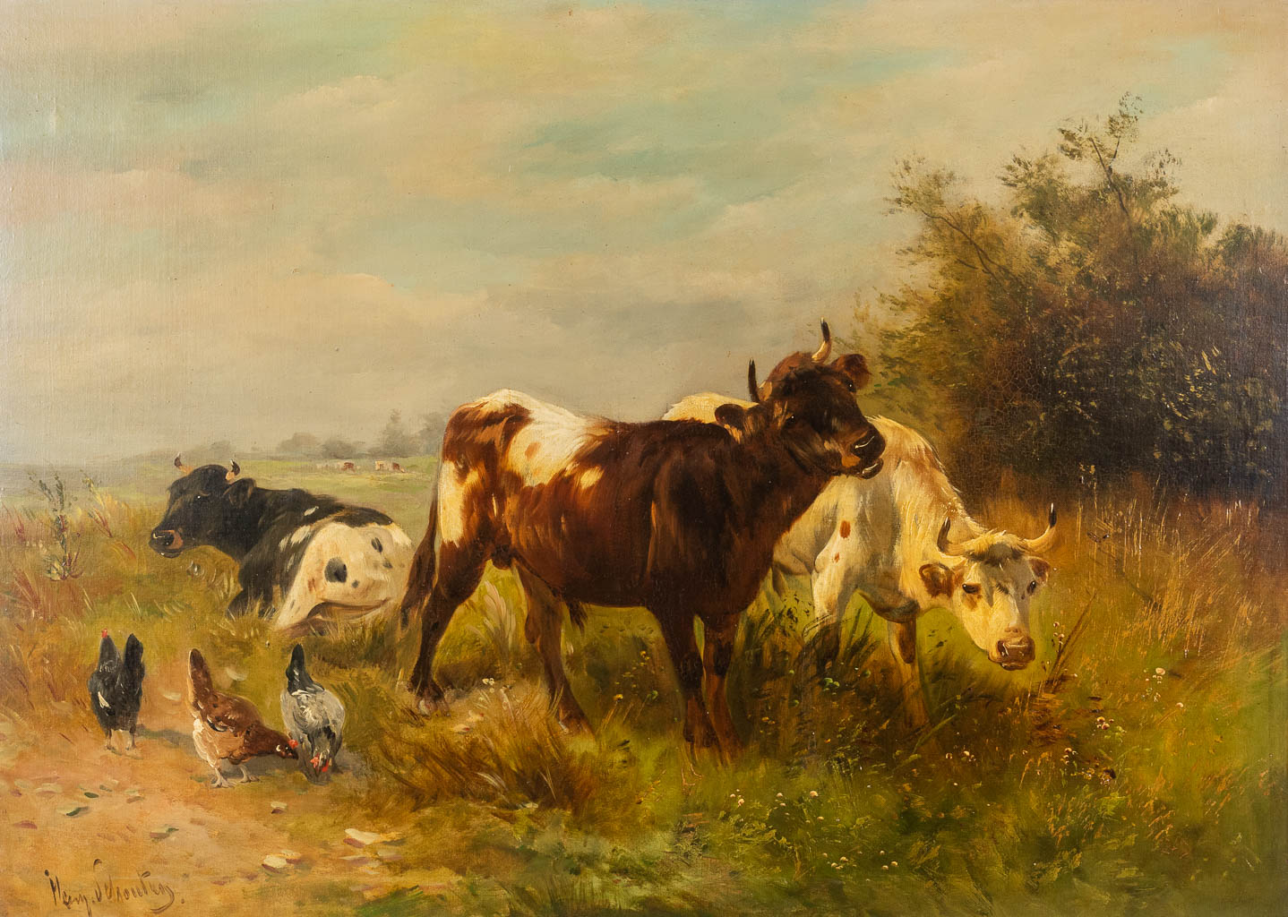Henry SCHOUTEN (1857/64-1927) 'Cattle in the field' oil on canvas. (W:120 x H:86 cm)