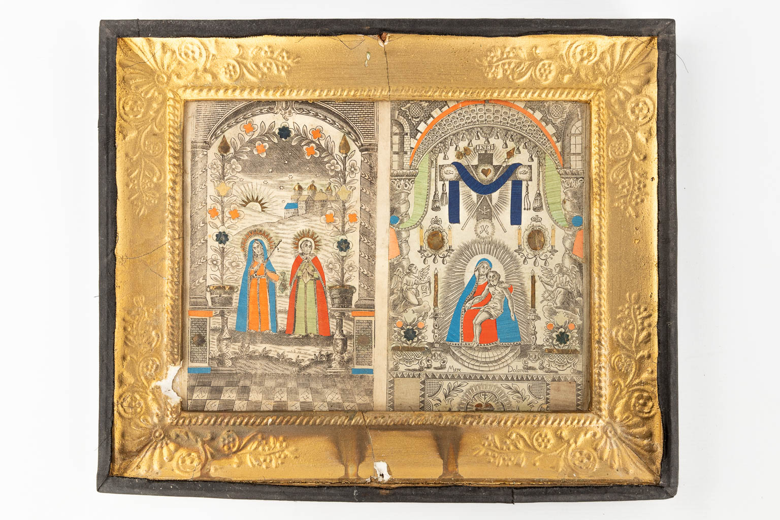 A collection of 3 religious frames, with Angus Dei, santjes. (W: 45 x H: 38 cm)