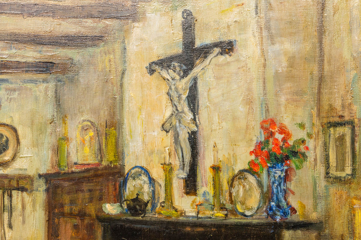 Jehan FRISON (1882-1961) 'Antiek Interieur', olie op doek. Linkebeek 1957. (60 x 50 cm)