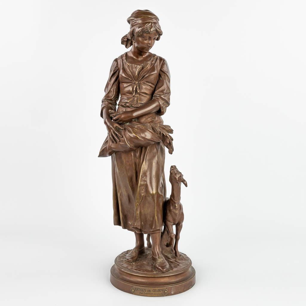 Pierre Louis DÉTRIER (1822-1897) 'Retour des champs' een bronzen beeld van een jongedame met geit. (H:63cm)