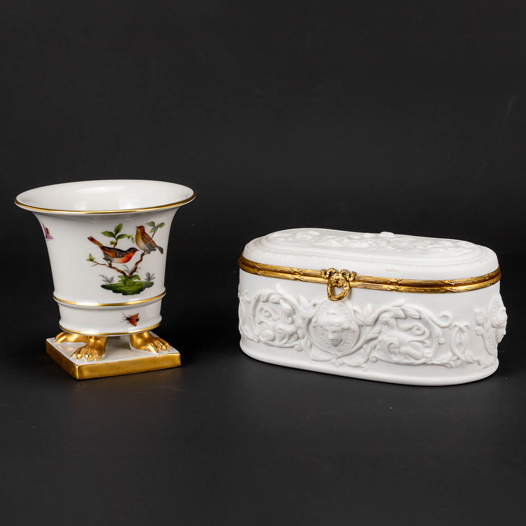A collection of porcelain items, of which one is signed: "Limoges, Coquet" and the other "Herend Hungary"