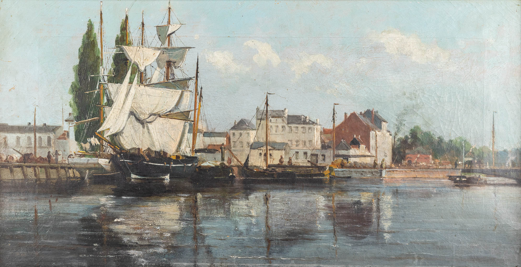 Léon VALCKENAERE (1853-1926)(attr) 'Zicht op de haven' een schilderij, olie op doek. (W: 55 x H: 30 cm)