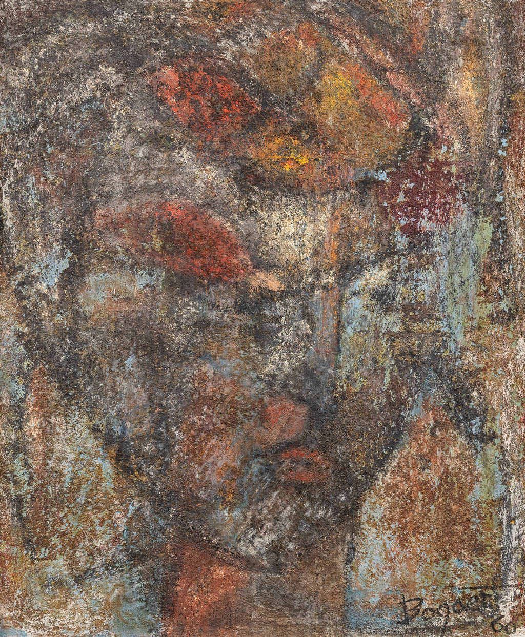 Antoon BOGAERT (1935) 'Abstract figuur' olie op board. 1960.  (W:50 x H:60 cm)