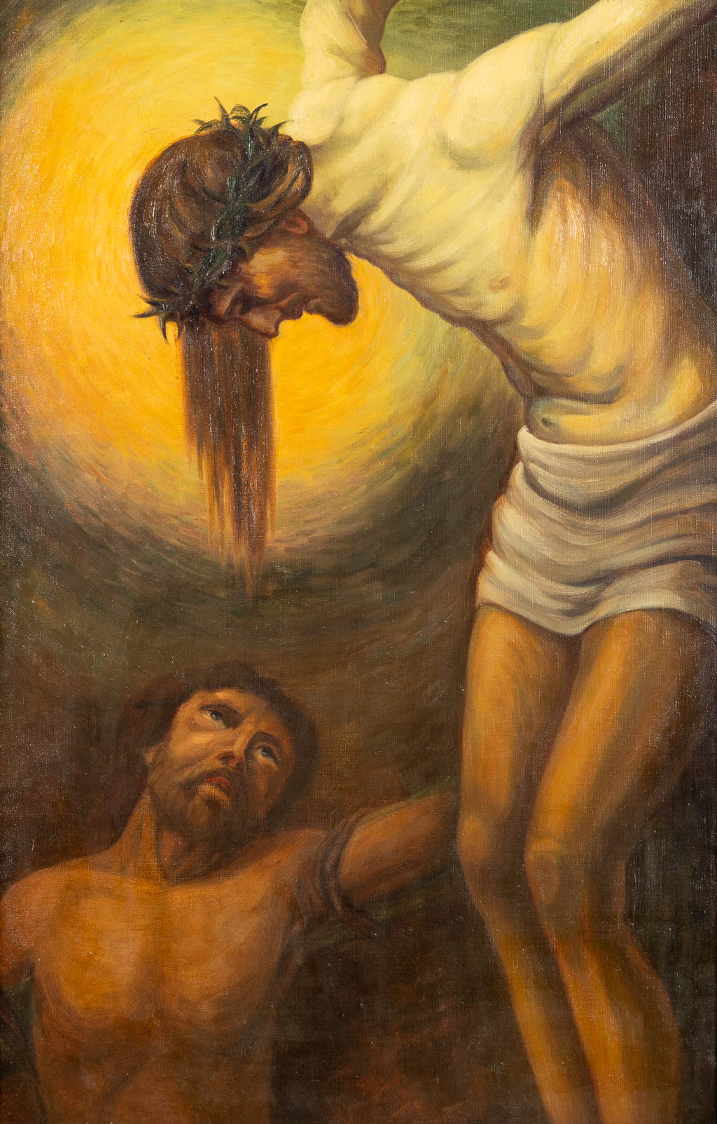  Een antiek schilderij 'Christus aan het kruis' olie op doek