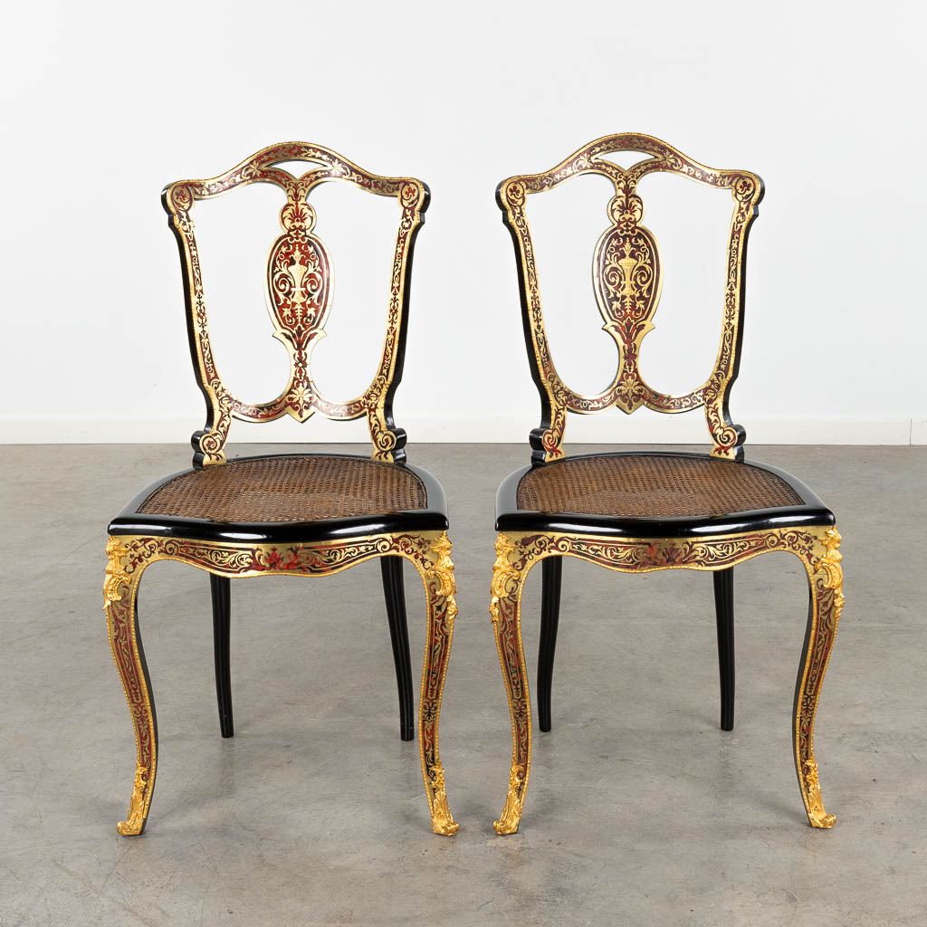 A pair of chairs, Boulle, tortoise shell and copper inlay, Napoleon 3, 19th C. (D:47 x W:46 x H:90 cm)