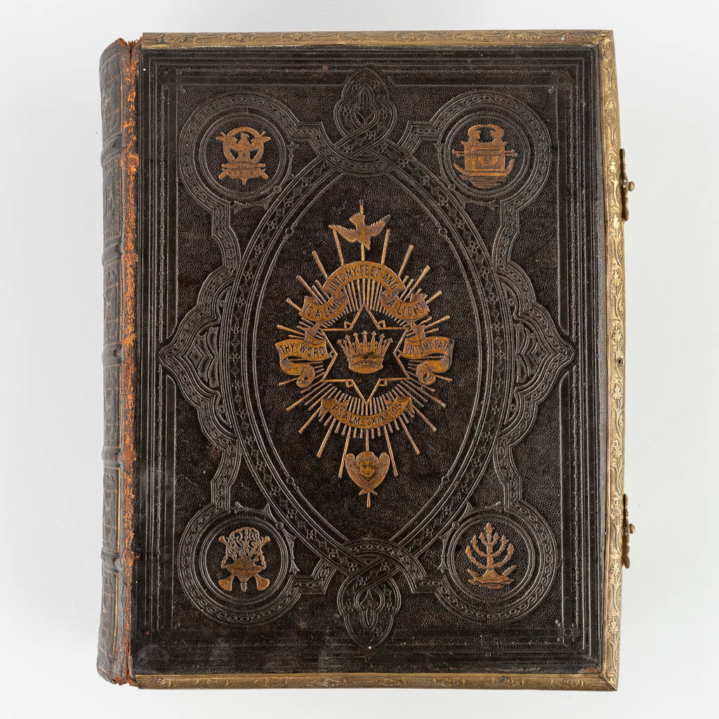 An antique 'Holy Bible' with thick and decorated leather cover. 19th C. (D:9 x W:27 x H:34 cm)