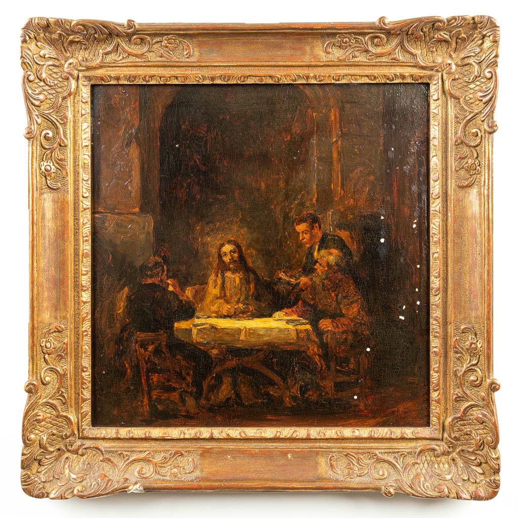 No signature found, 'Jesus Christ seated at a table' a painting, oil on panel. (45 x 45 cm)