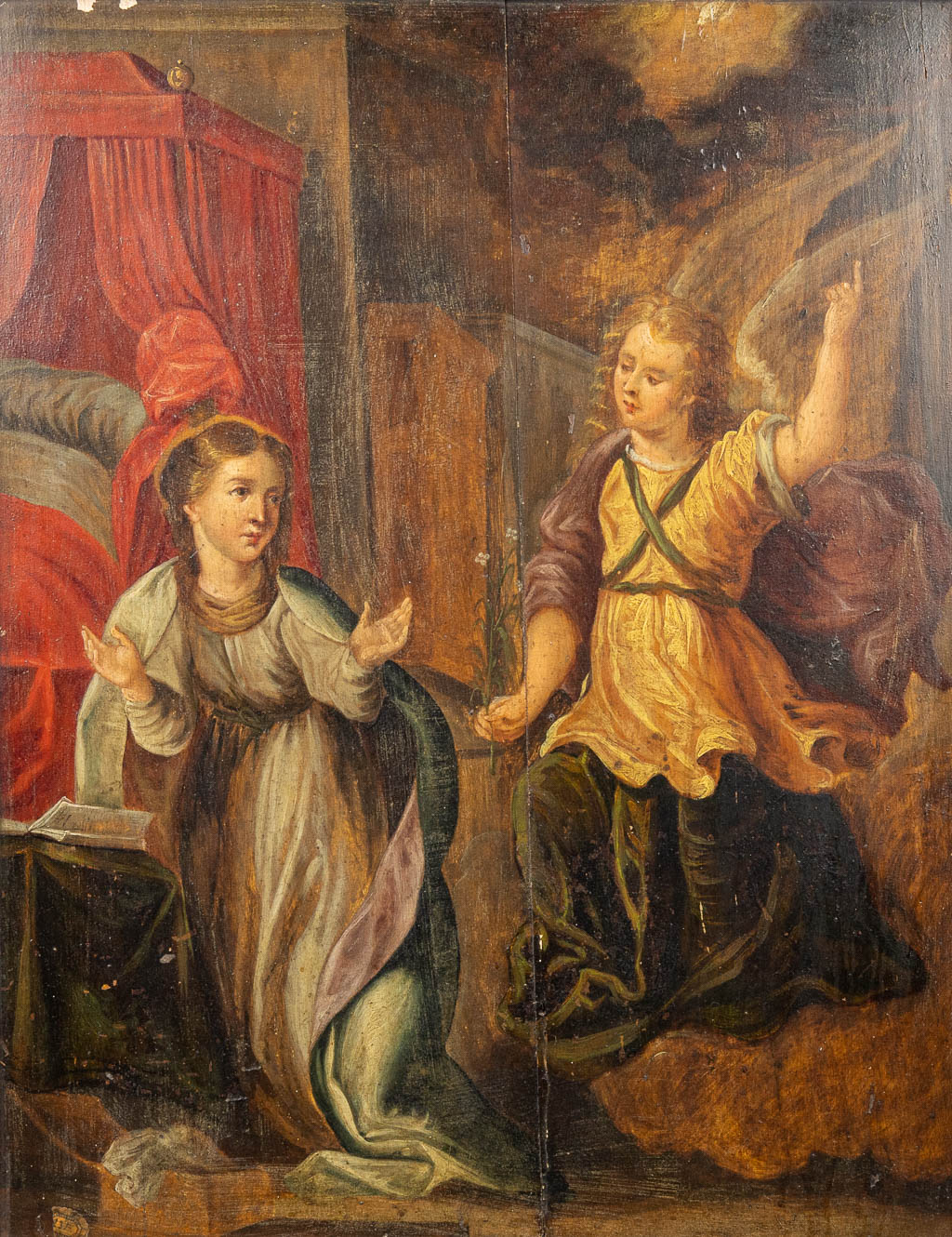  'The Annunciation by Gabriel' oil on panel, Antwerp School, 17th C. 
