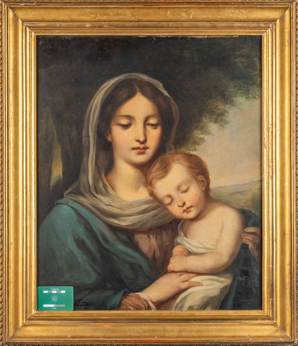 An antique painting 'Mother and child' oil on canvas. 19th C.