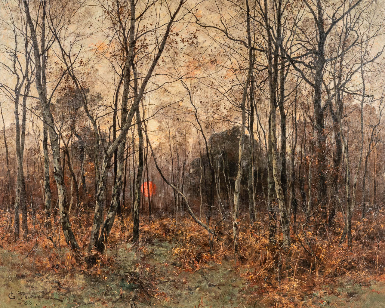 Léon Germain PELOUSE (1838-1891) 'Zonsondergang in het bos' een uitzonderlijk schilderij (162 x 130 cm)