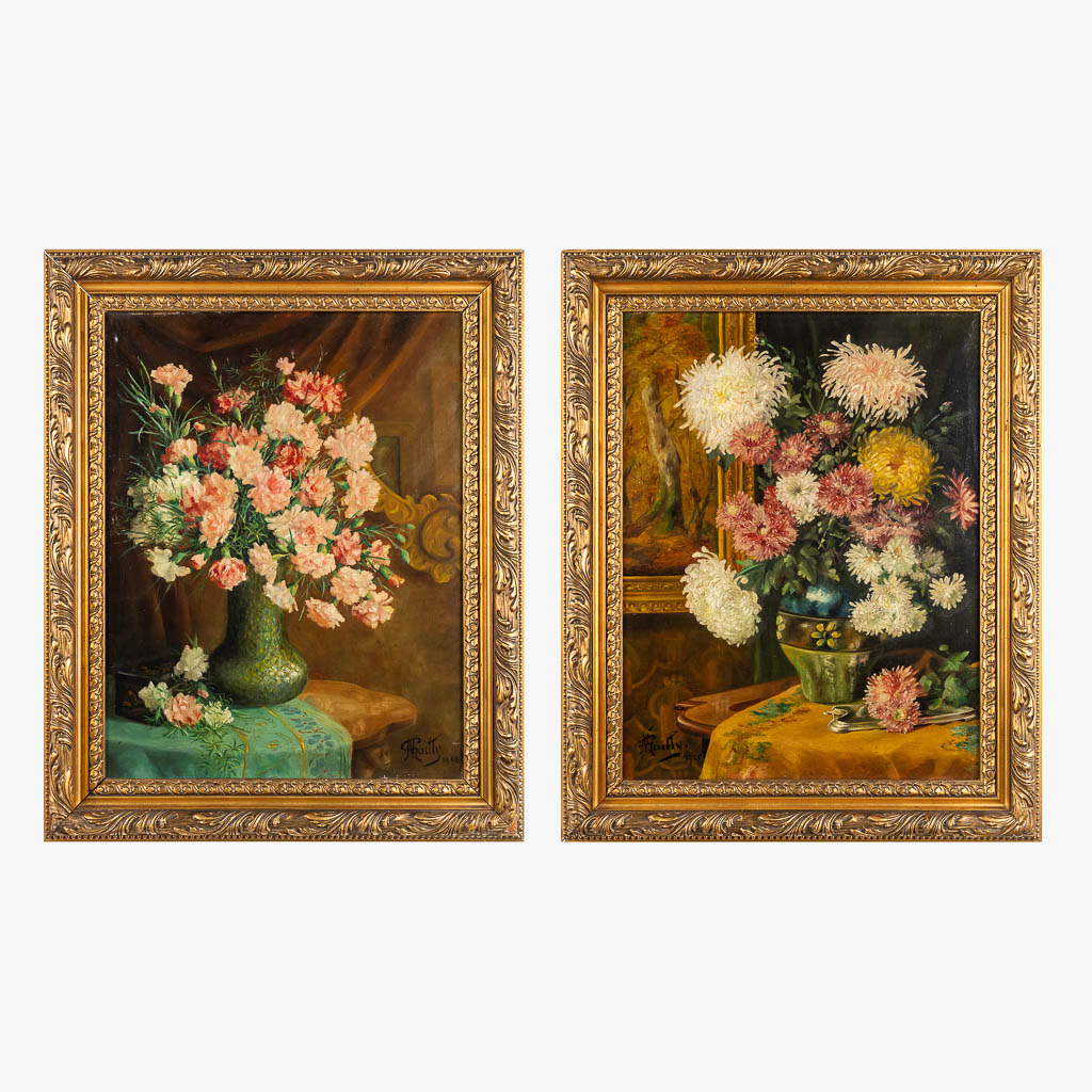 Een paar pendant schilderijen 'Bloemenstilleven' olie op doek. 1908. (W:50 x H:65 cm)