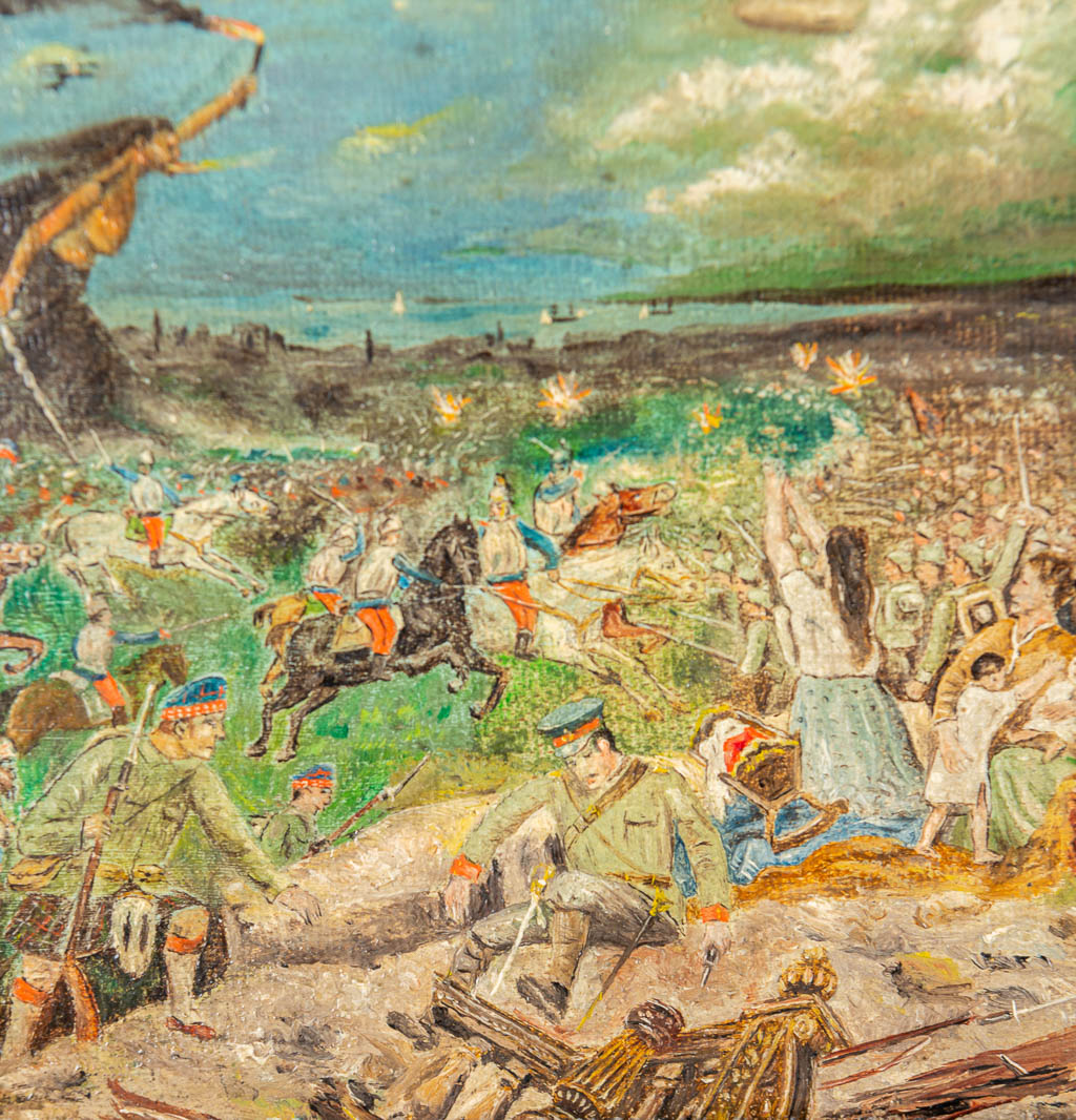 Lionel POUPAERT (1900-1989) 'Slag om de Dardanellen, 1914'. A painting, oil on canvas. (19 x 12 cm)
