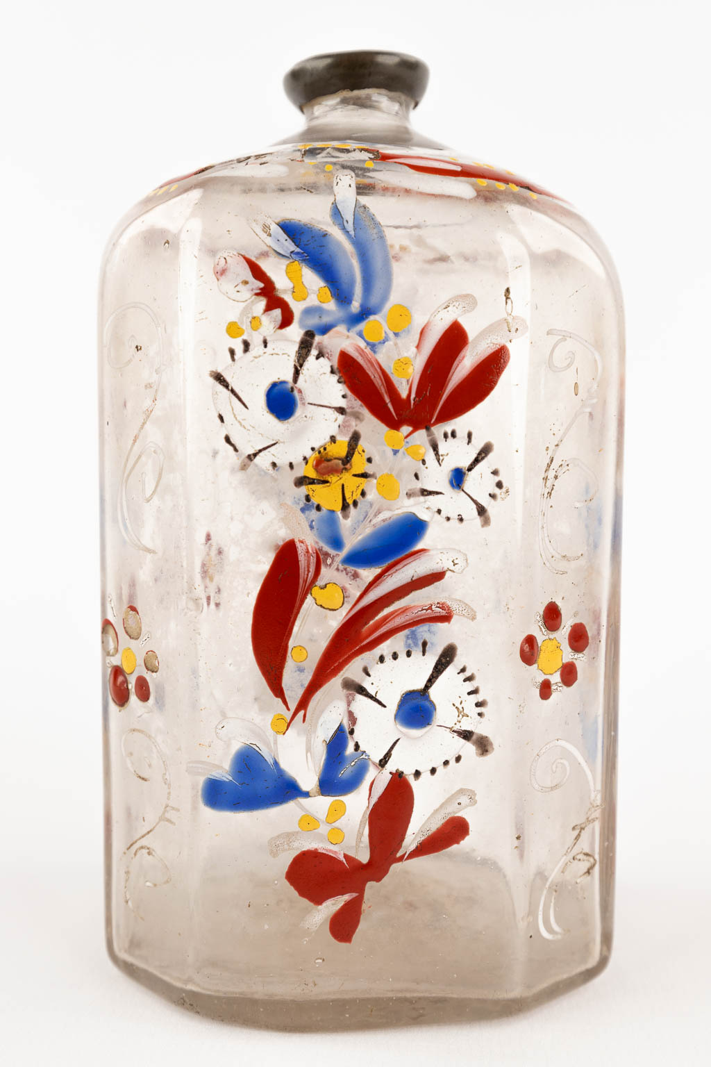 Two antique enamel hand-painted glass bottles, 17th/18th C. (H:13 cm)