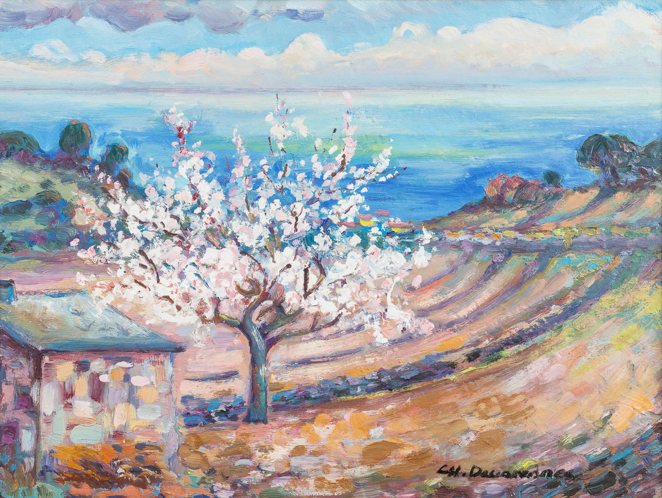 Charly DEVARENNES (1928-2010) 'Magnolia' een landschap, olie op papier. Februari 1975. (46 x 35 cm)