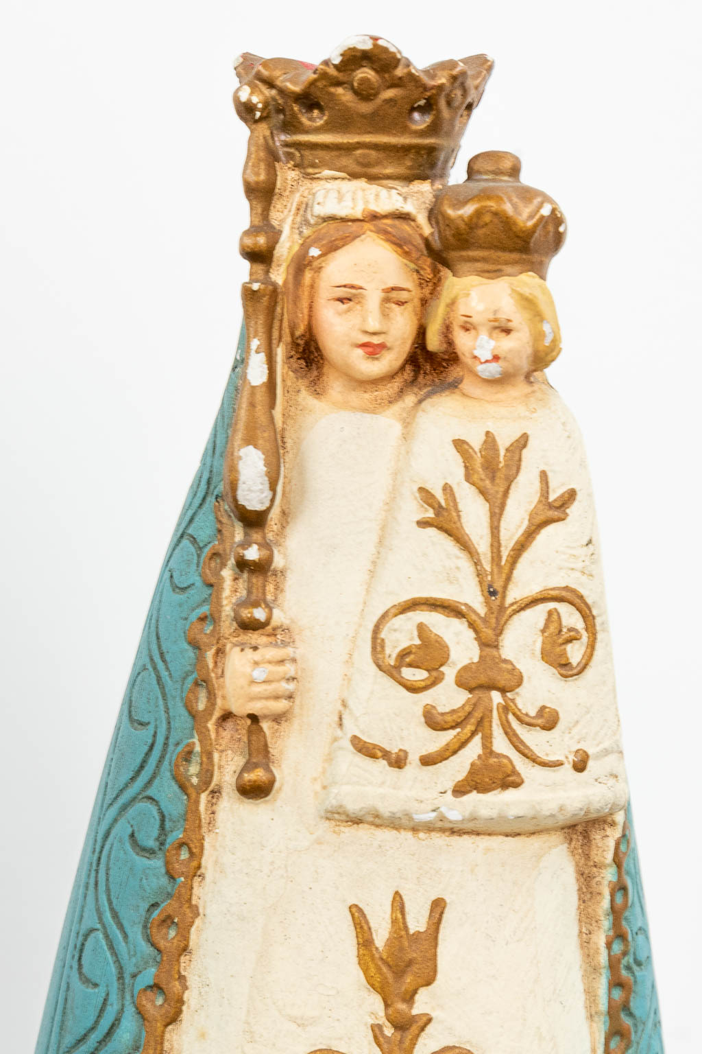 A large collection of statues of Holy figurines, made of polychrome and monochrome plaster and marble. (H:79cm)