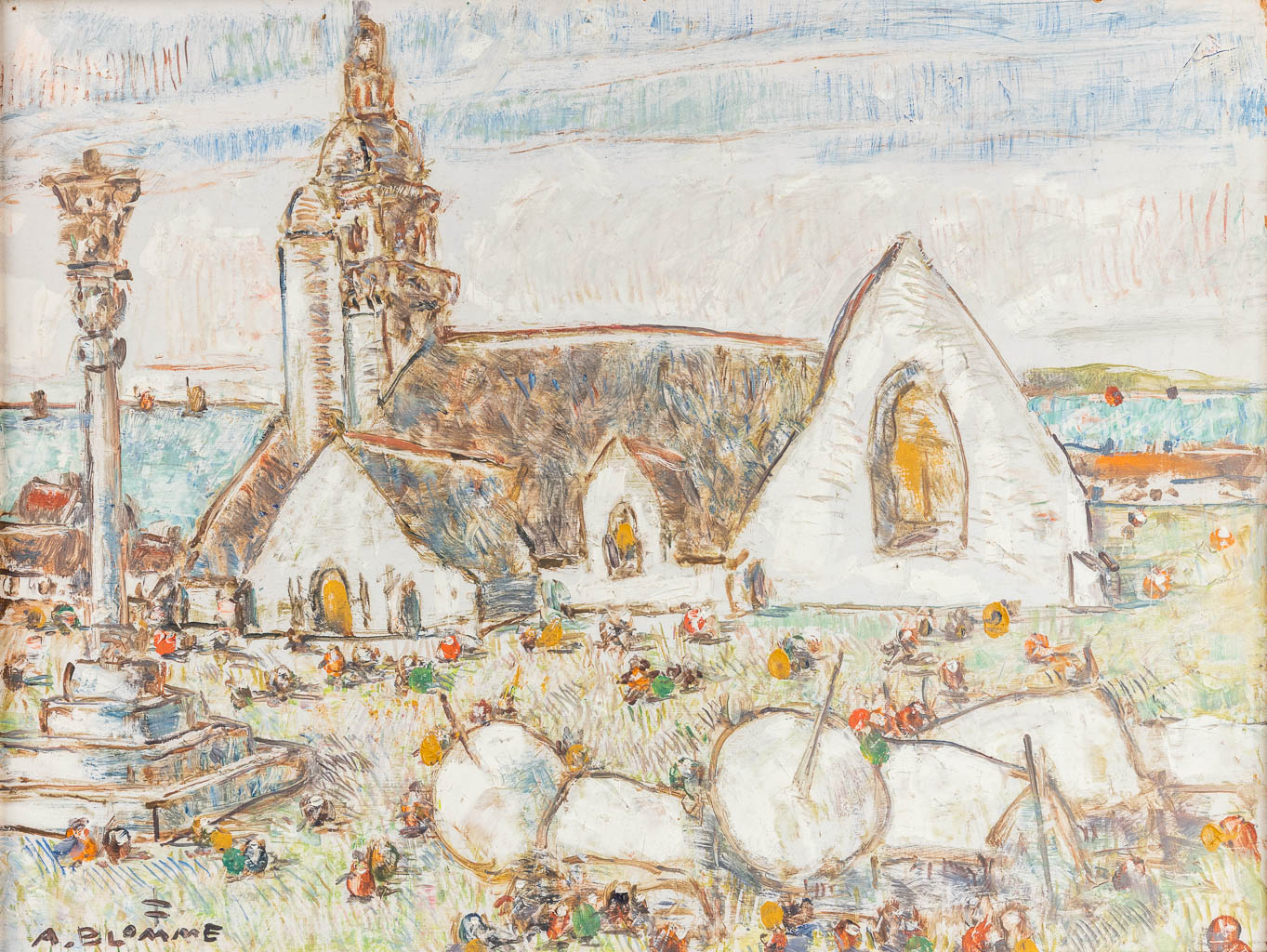 Alfons BLOMME (1889-1979) 'Het dorp' een schilderij, olie op paneel. (W:60 x H:45 cm)