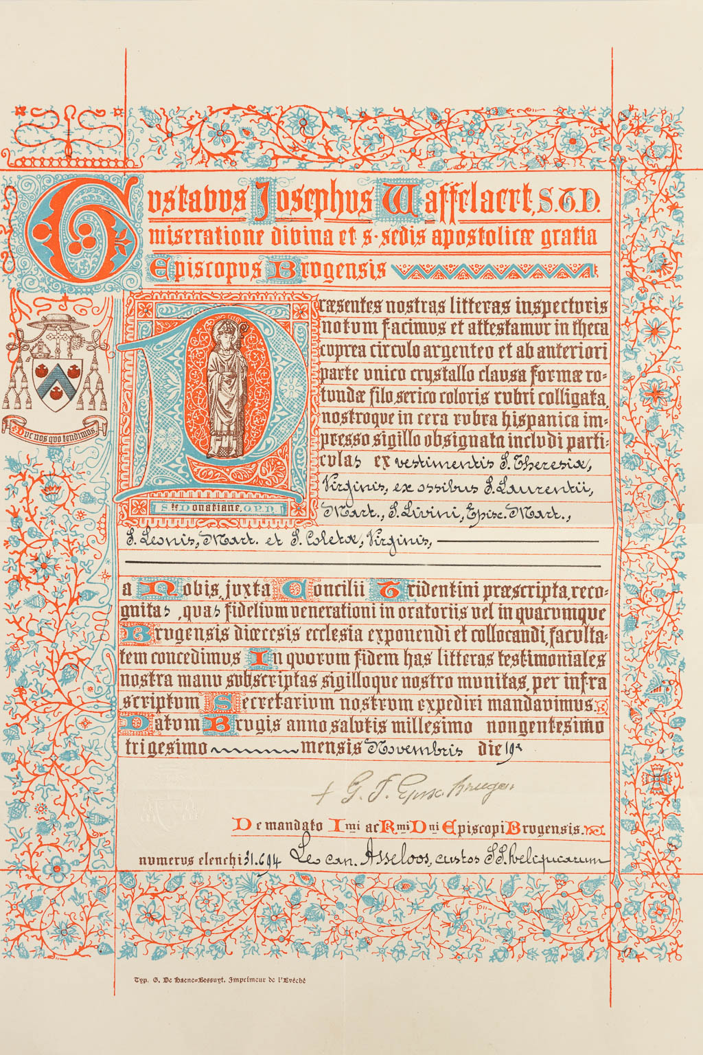 A sealed theca with a relic: Ex vestimentis Sancta Theresia, Vriginis, Ex Ossibus Sancti Laurentii, Mart., Sancti Livini, Epise.