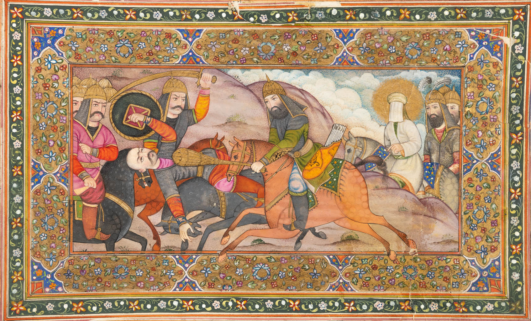 Een Qajar miniatuurschilderij van de 'slag nabij Karbala', Perzië, 19de eeuw. (W:25,5 x H:18 cm)