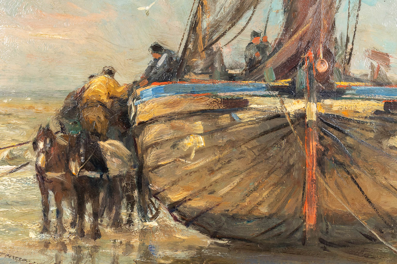 Franz COURTENS (1854-1943) 'Bateau de pêche à la côte' oil on canvas. (W: 84 x H: 117 cm)