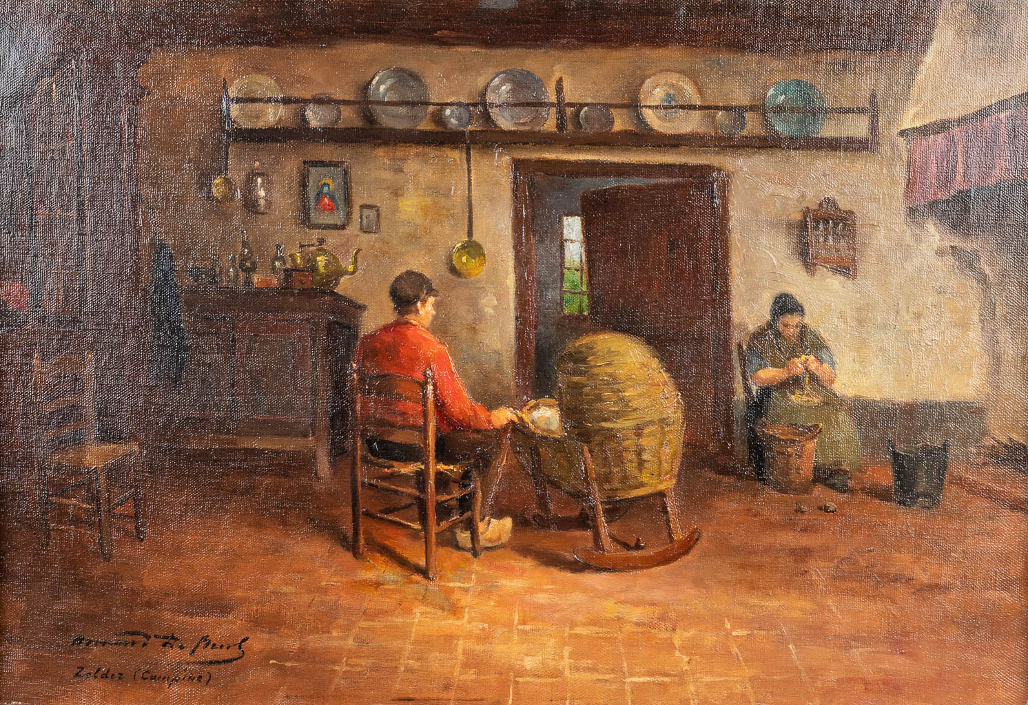Armand DE BEUL (1874-1953) 'Zolder' een Interieur schilderij, olie op doek. (56 x 38cm)
