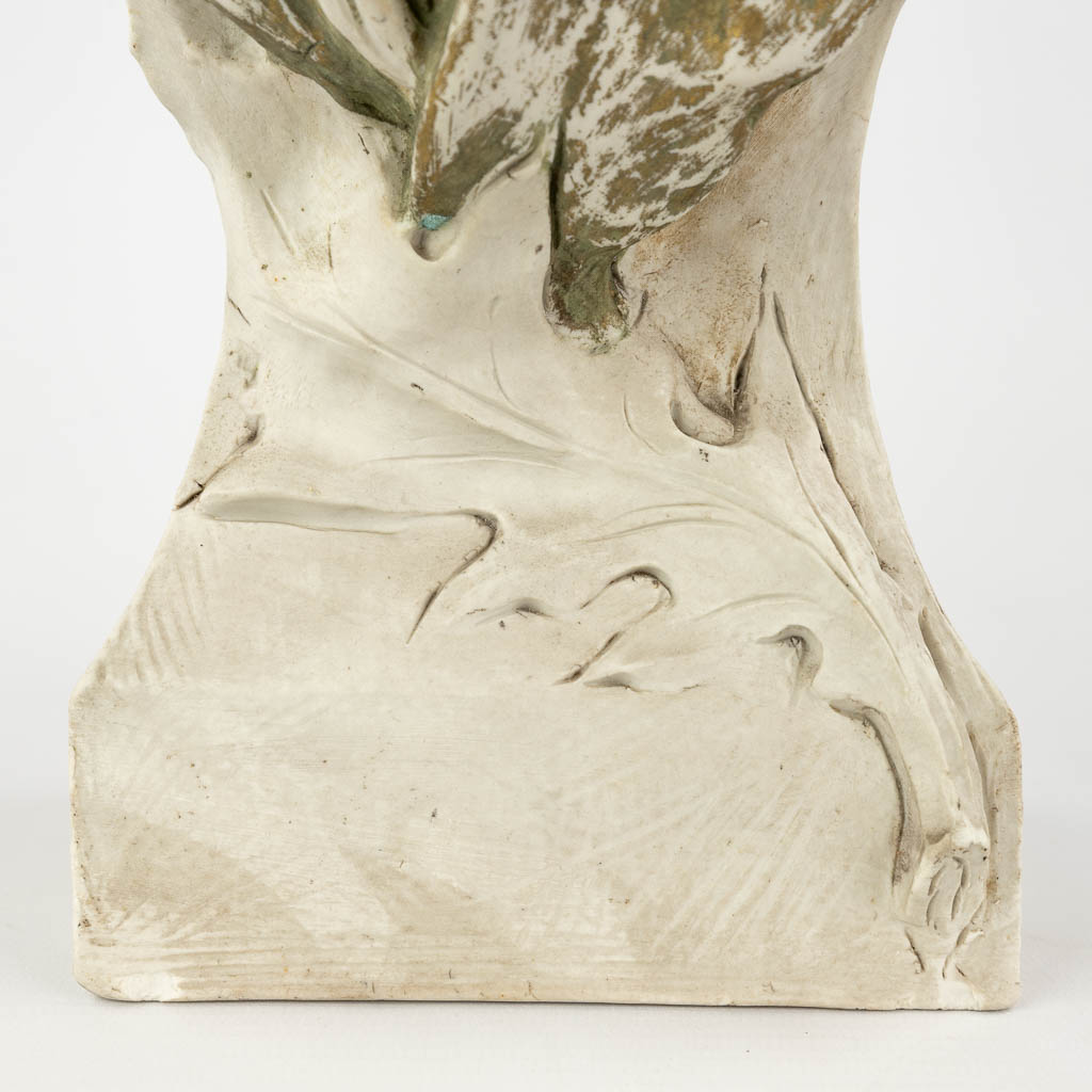 Bust of a lady, faience in art nouveau style. Signed Diaz. (D:26 x W:28 x H:48 cm)