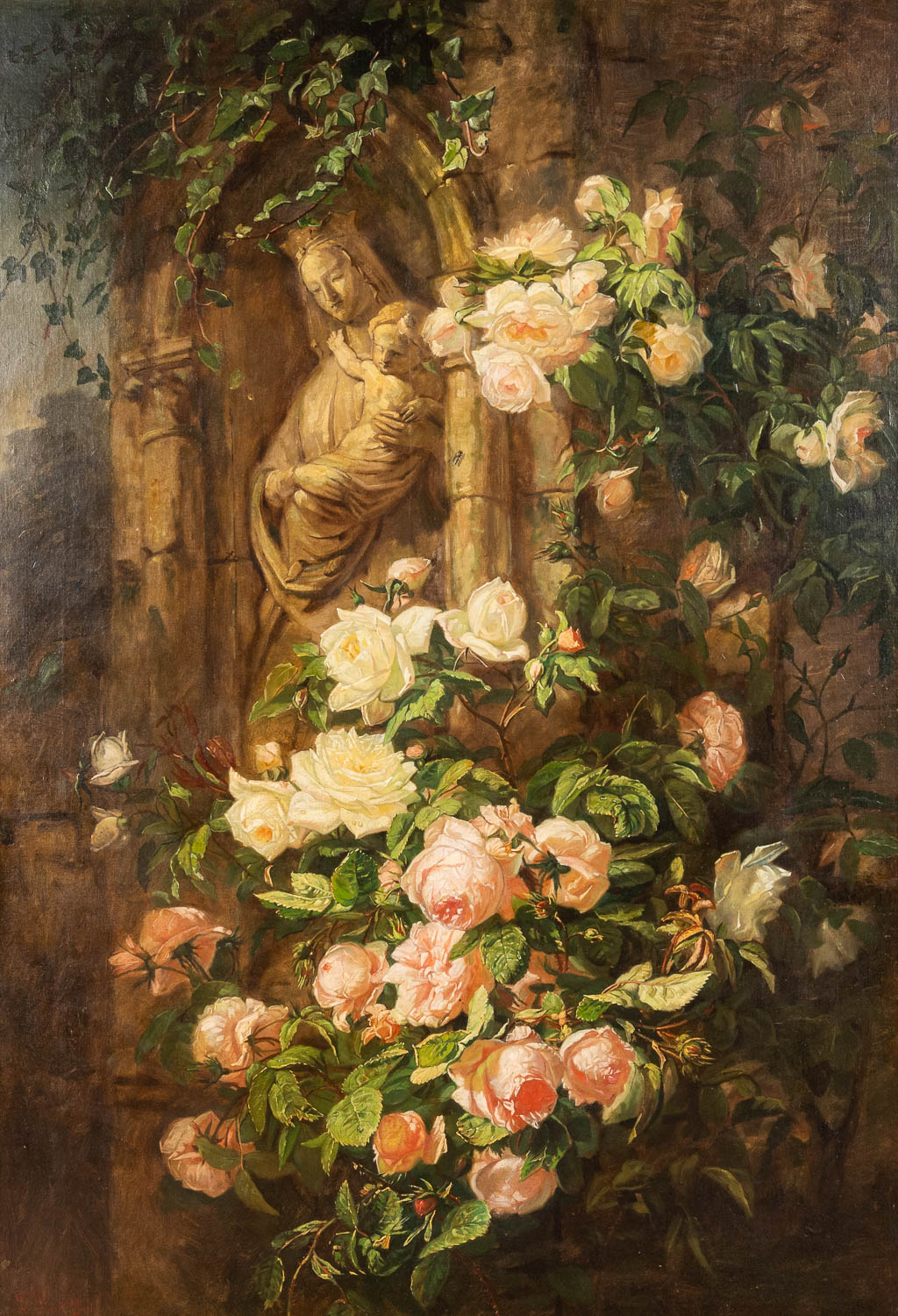Jean-Baptiste ROBIE (1821-1910) 'Stillleven met Madonna en bloemen' een fijn schilderij, olie op doek. (W:80 x H:115 c