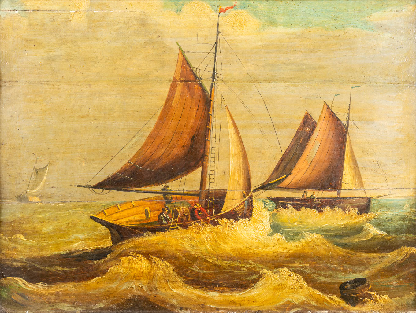  'Zeilboten op woeste zee', een antiek schilderij, olie op paneel. 19de eeuw. 