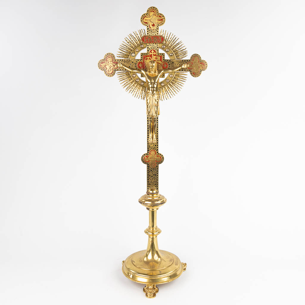 A crucifix made of bronze with glass pearls and champleve enamel. (H:83cm)