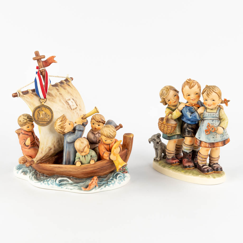 Hummel 'Land in Sight' and 'Follow the Leader' figurines. (D:15 x W:24 x H:23 cm)