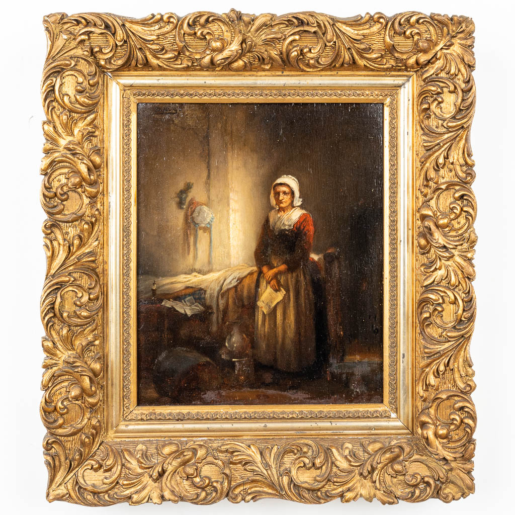 Naar Eugène François DE BLOCK (1812-1893) 'Portret' een schilderij, olie op paneel. (27 x 33 cm)
