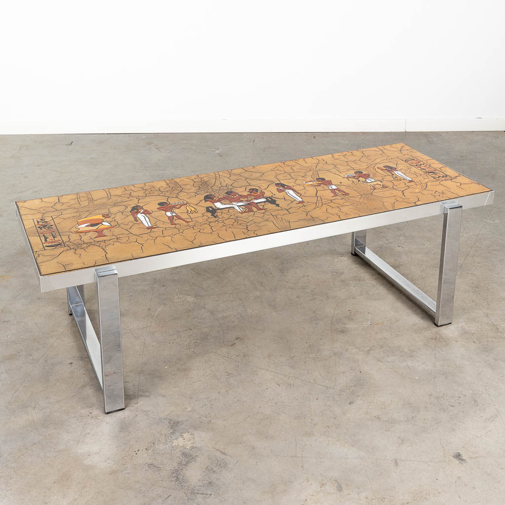 Denisco, a mid-century coffee table with Egyptian figurines.  (L:52 x W:130 x H:41 cm)