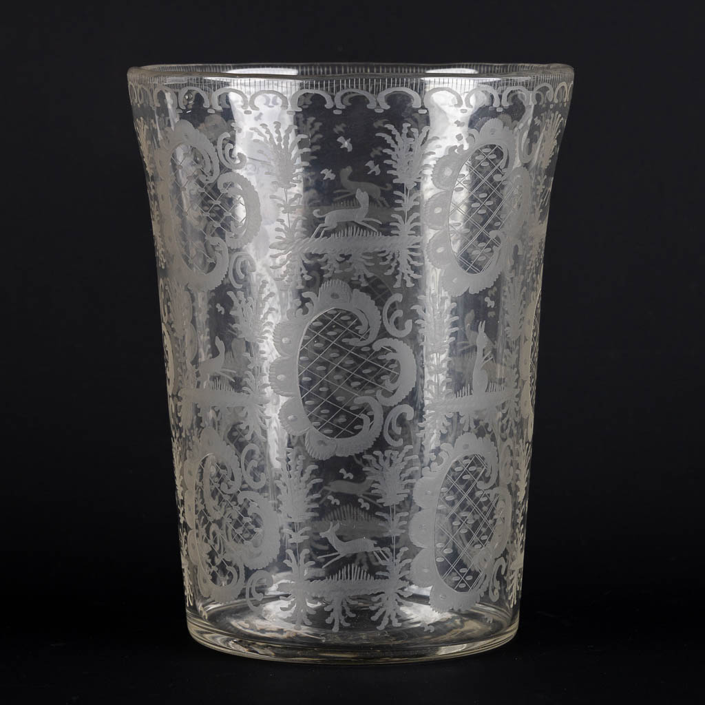 A large Bohemian, hand-made antique vase with etched fauna and flora scenes. 19th C. (H:25,5 x D:19,5 cm)