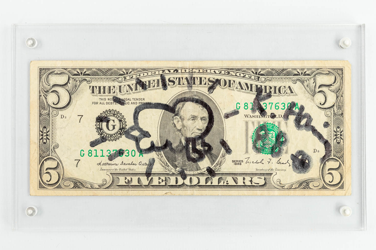 Keith HARING (1958-1990) Signed Five dollar bill (1988). (15,5 x 6,6 cm)