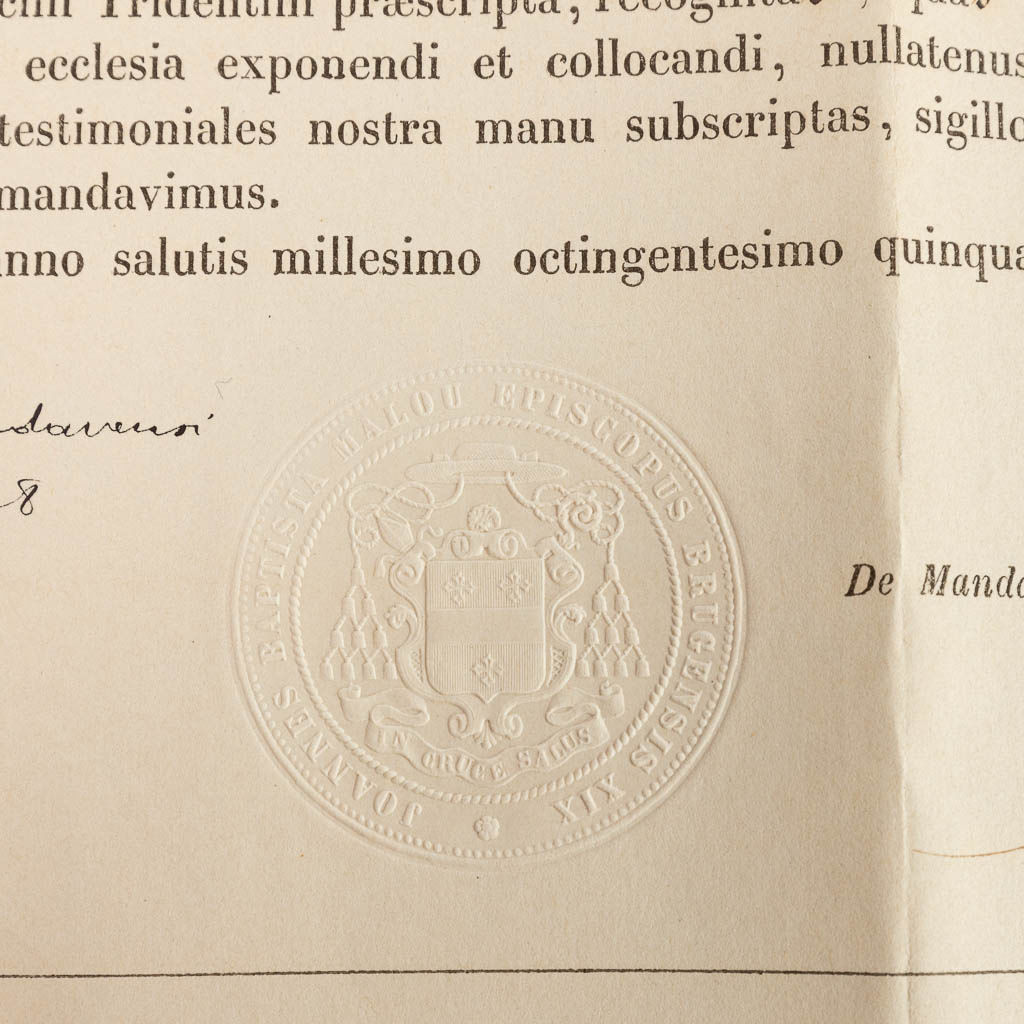 A sealed theca with a relic: Ex Ossibus Sancti Bernardi Senensins, Sancti Justi Martyr et Beati Hermani José Phi
