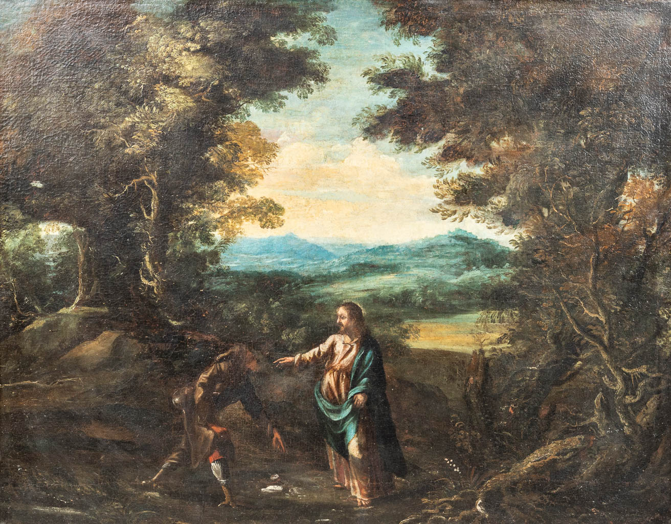 No signature found, 'Christ and a Beggar' a painting oil on canvas. 17th century. (139 x 110 cm)