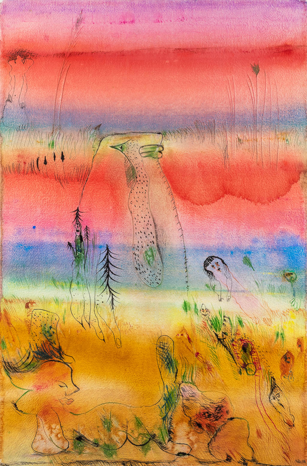 ATILA (1931-1987) 'Abstract' Waterverf en potlood op papier. 1968. (W:60 x H:90 cm)