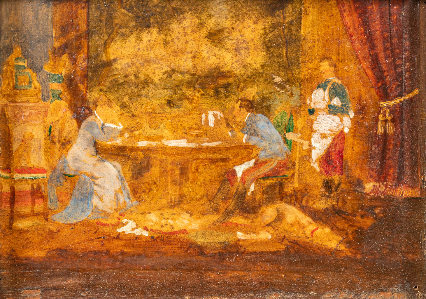 Geen handtekening gevonden 'Het diner' een antieke foto, met highlights van olieverf. 19de eeuw. (13,5 x 9,5 cm)
