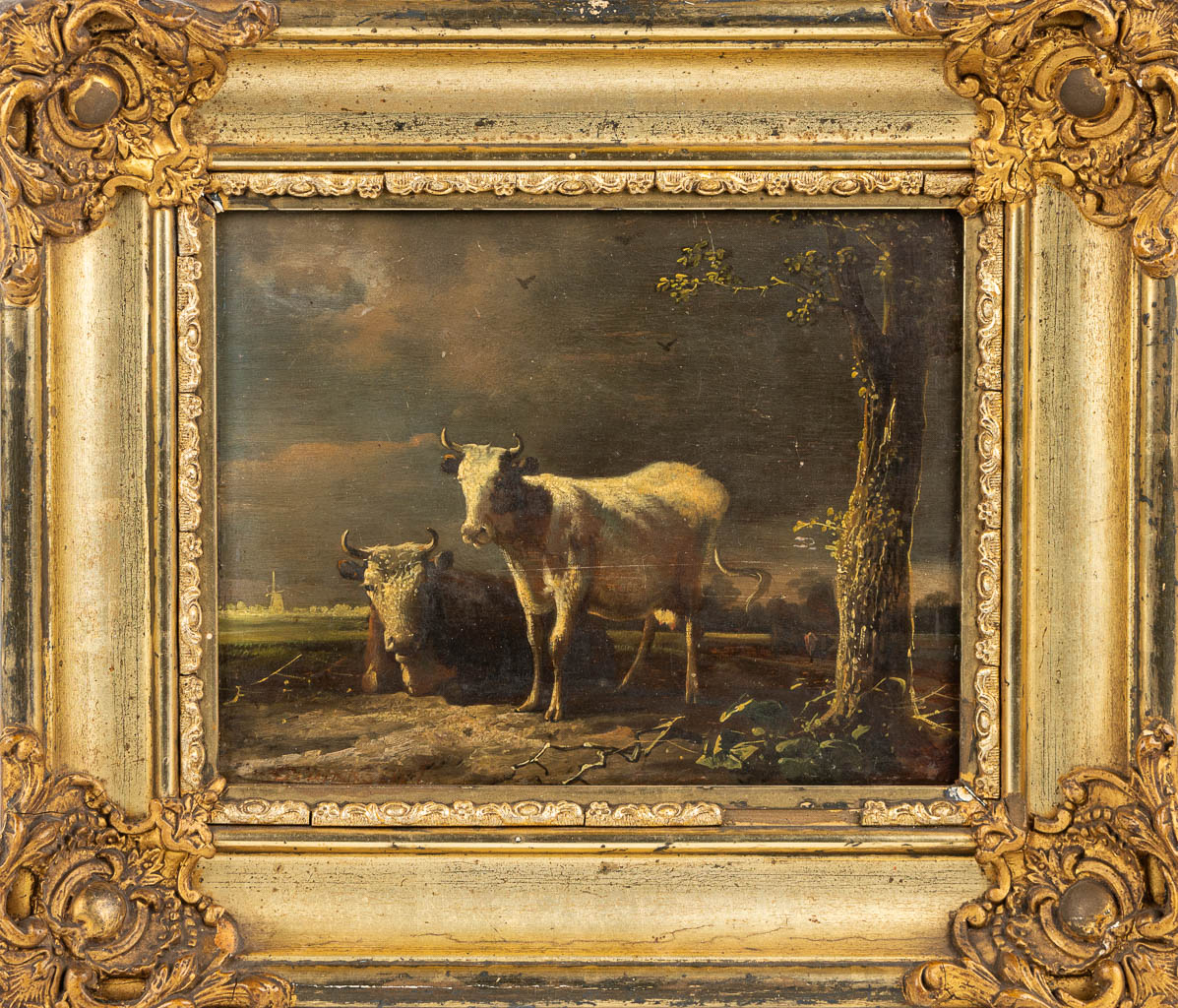 Jan II Baptist KOBELL (1778-1814) een schilderij van 2 koeien, olie op paneel. (20,5 x 16,5 cm)