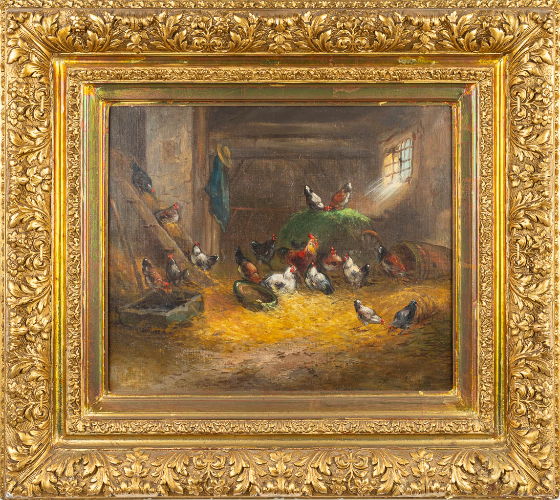 Claude GUILLEMINET (1821-c.1866) 'Een Toom kippen in de schuur' een schilderij, olie op doek. (46 x 55 cm)