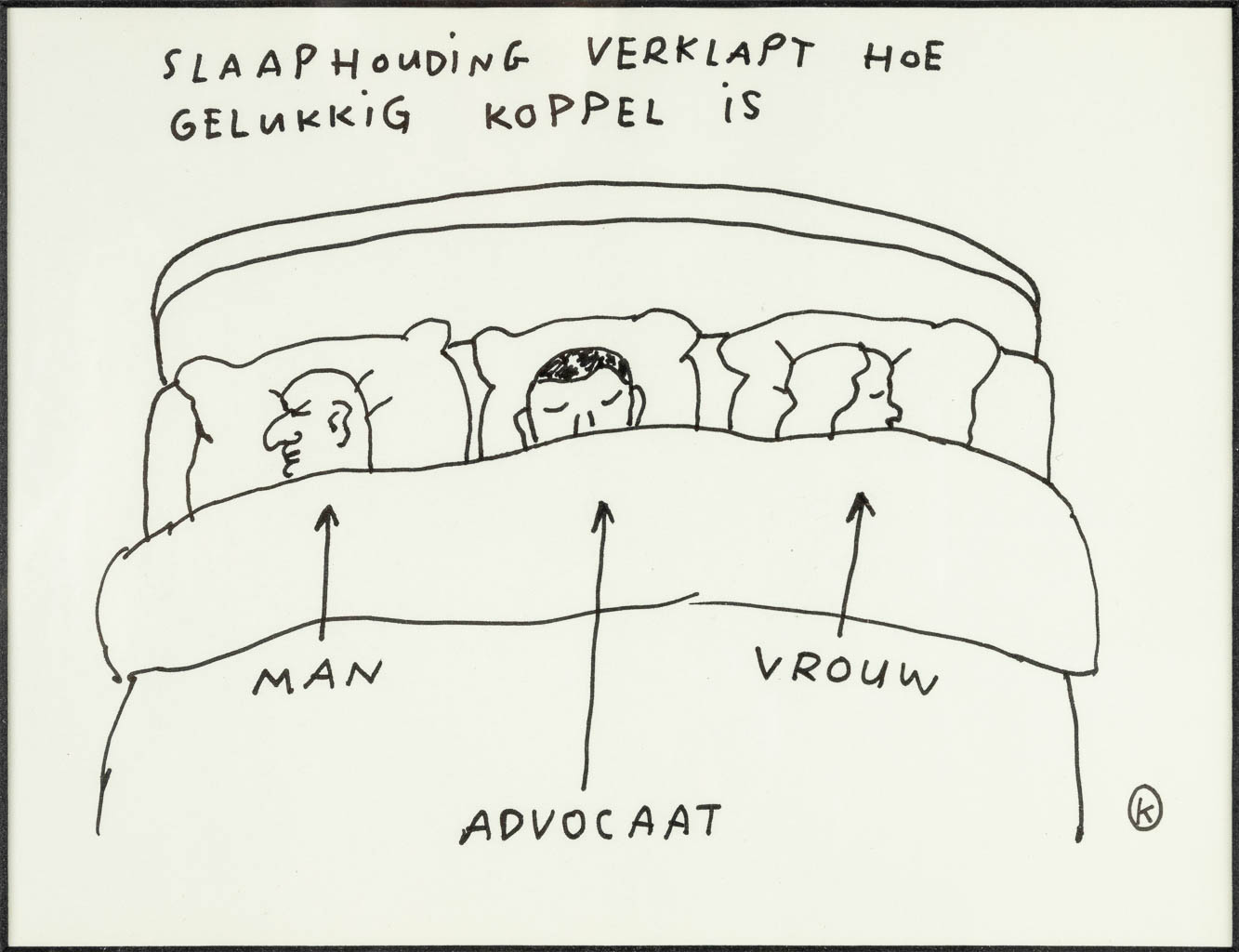 KAMAGURKA (1956) 'Slaaphouding verklapt hoe gelukkig koppel is' een tekening, pen op papier. (21 x 16 cm)