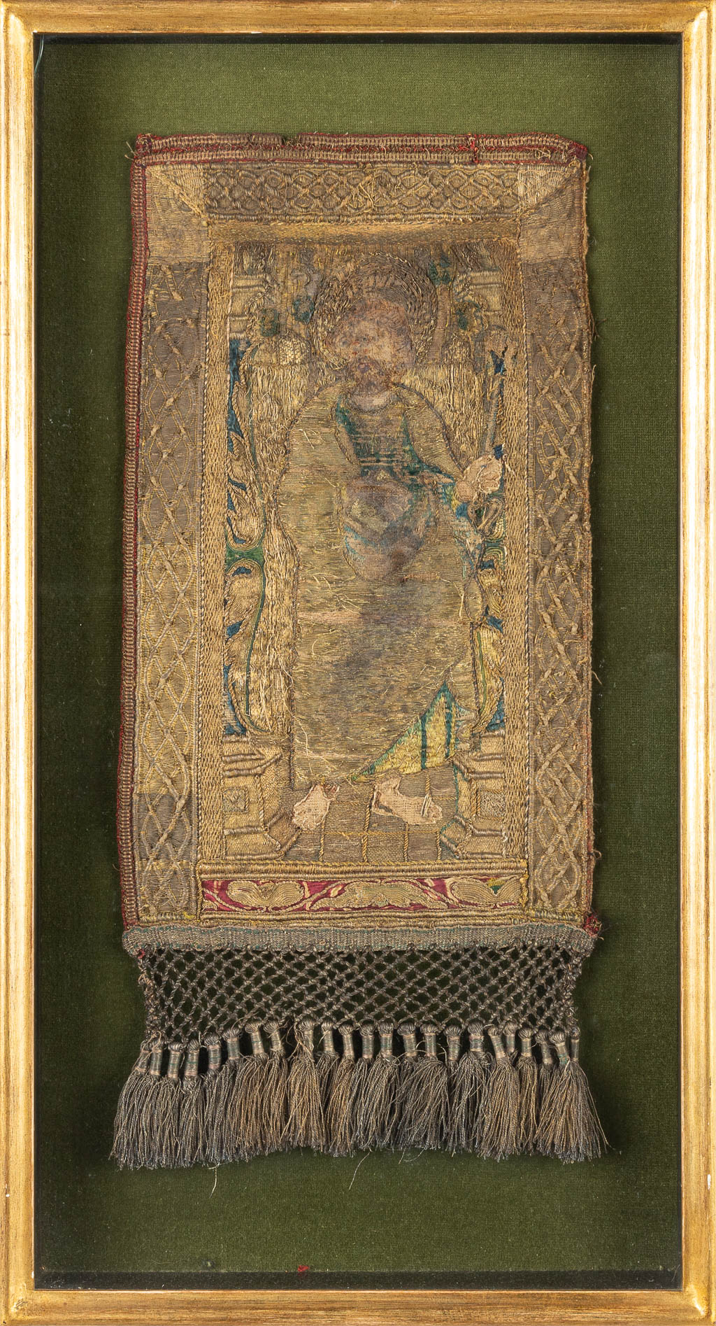 A fragment of a Chasuble with an embroidered image of Jacobus Minor. The first half of the 16th century. (H:50cm)