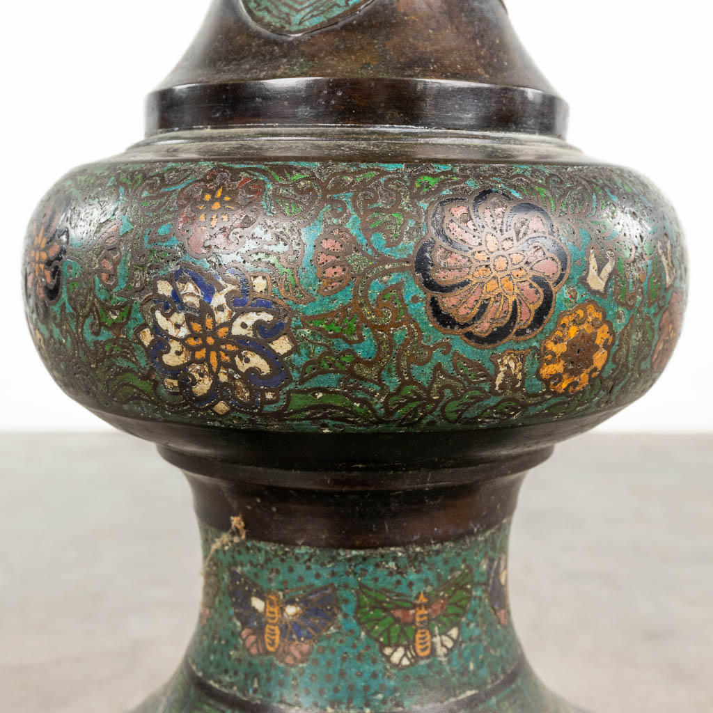 A large Japanese incense burner decorated with champslevé enamel. 19th C. (H:168 x D:38 cm)