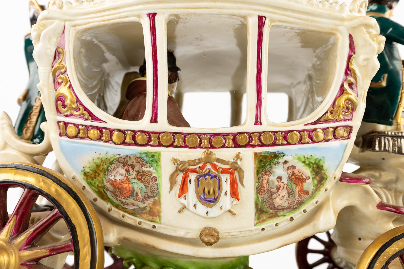Sitzendorf, a large horse-drawn Marriage carriage of Napoleon the 1st. Polychrome porcelain. 20th C. (D:20 x W:67 x H:30 cm)