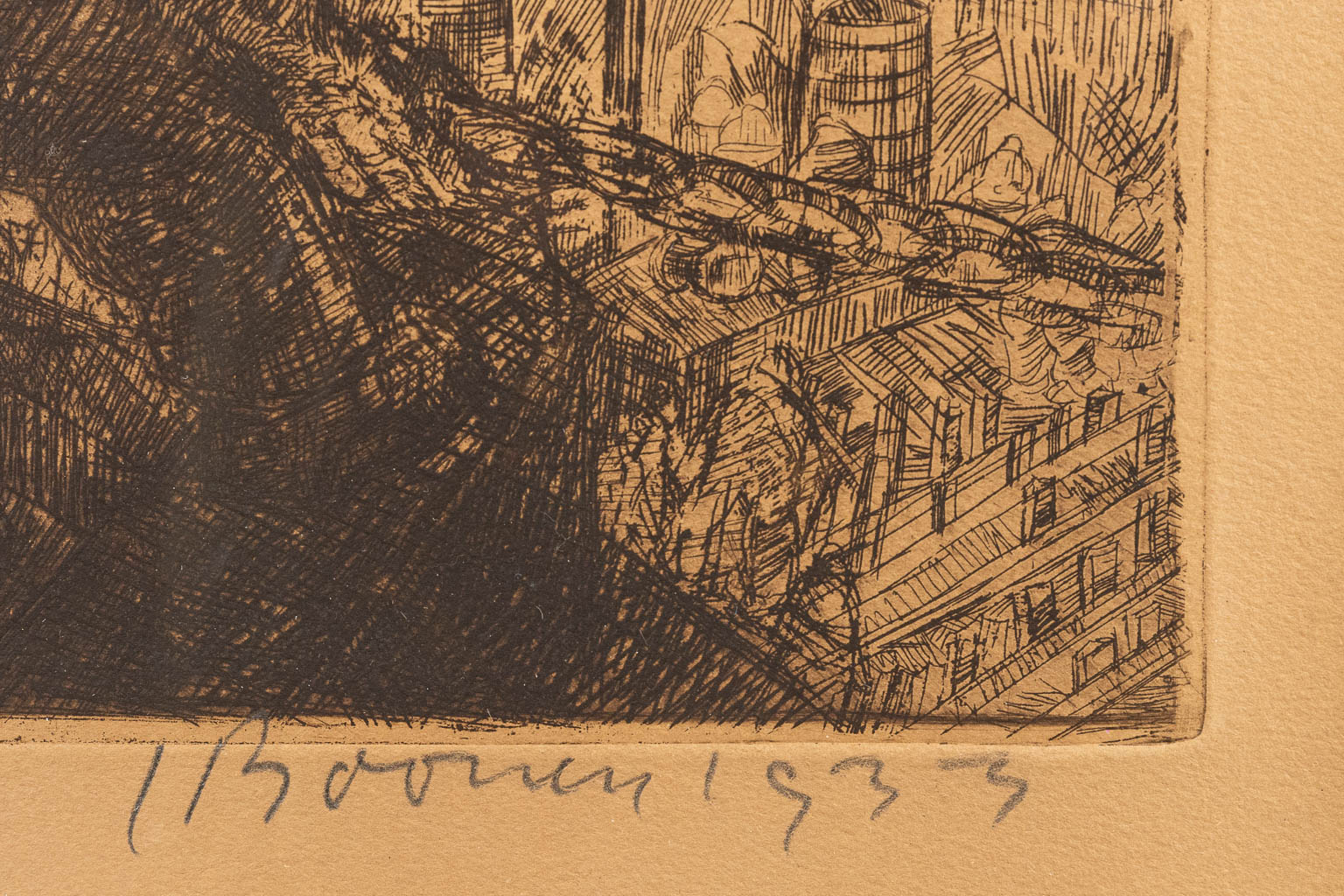Jacques BOONEN (1911-1968) 'Graafwerken' een ets, 1933. (65 x 53 cm)