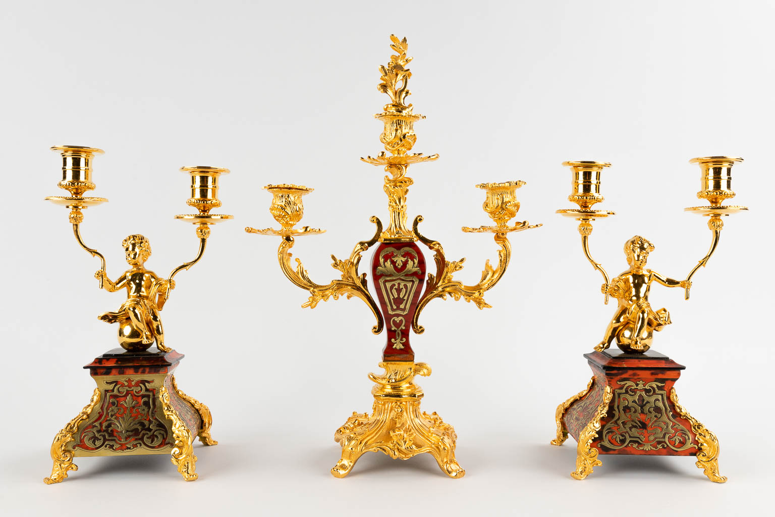 Three table candelabra, gilt bronze and Boulle, tortoise Shell and copper inlay. Napoleon 3, 19th C. (D:12 x W:26 x H:39 cm)