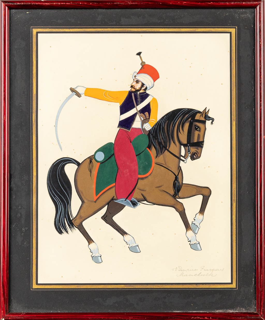 Een collectie van 8 kaders met handgeschilderde figuren te paard (20,5 x 26,5 cm)