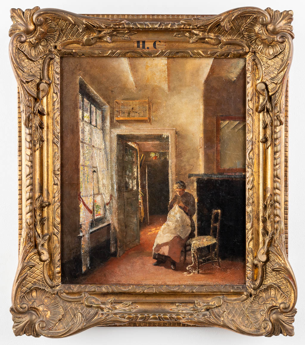 Een schilderij, Dame in een interieur, olie op doek. 19de eeuw. (D:45 x W:37 cm)