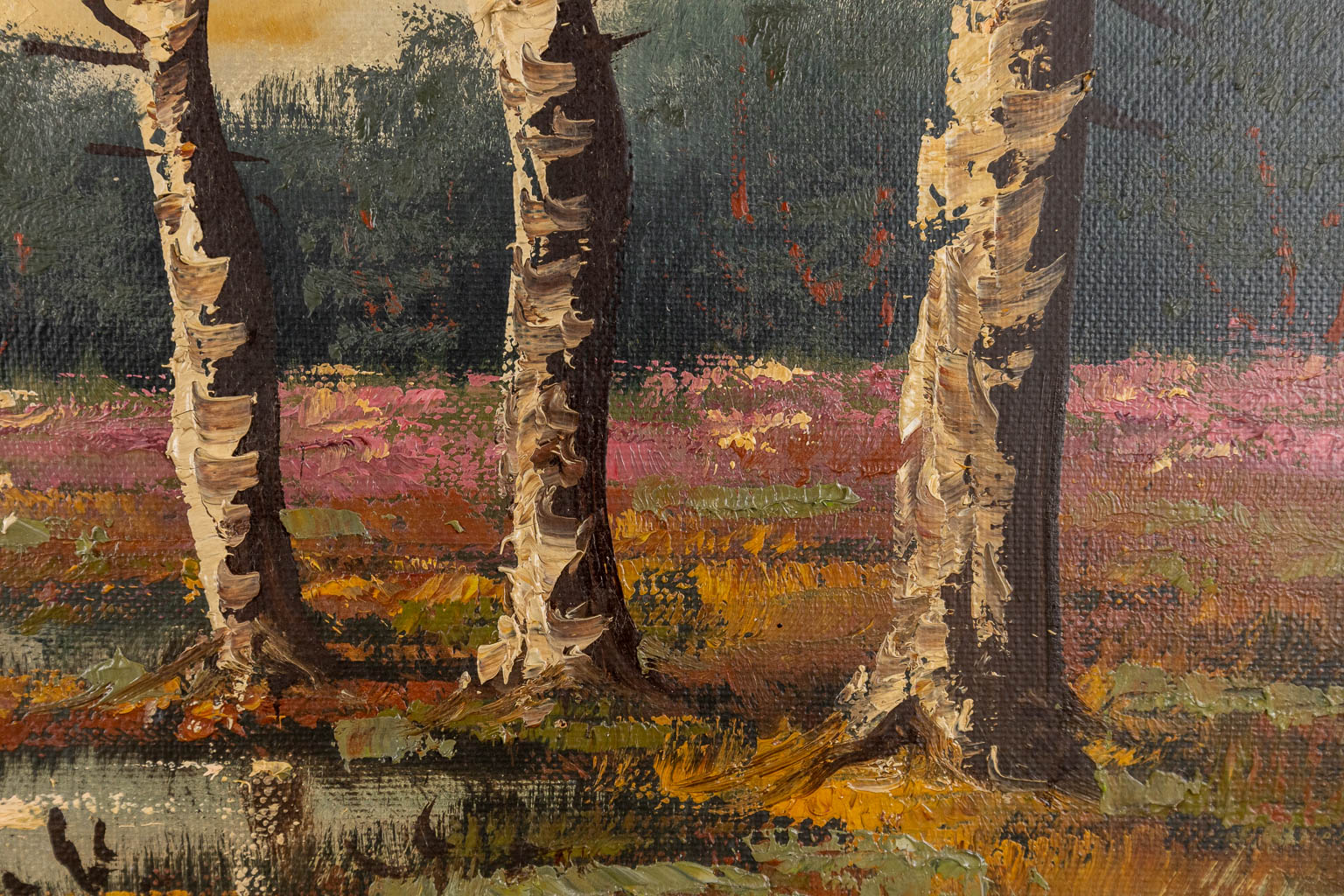 Zicht op de heide met berkenbomen, olie op doek. Getekend B. Van Rijn. 20ste eeuw. (W:110 x H:70 cm)