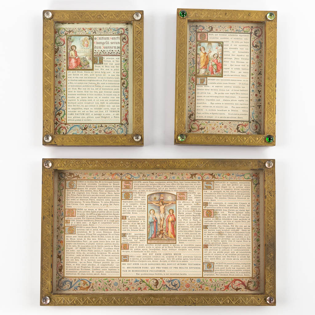 A set of 3 Religious Frames or Canon Boards. Wood with brass and finished with cabochons. Circa 1900. (W:43 x H:27 cm)