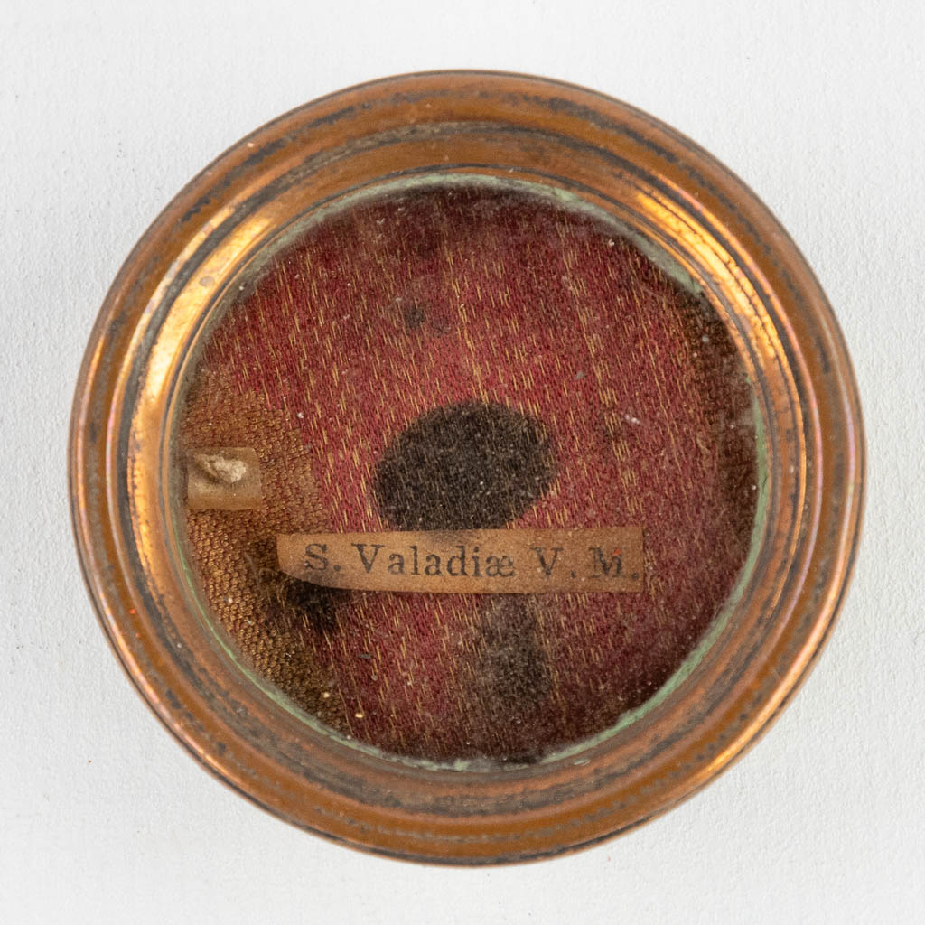 A sealed theca with a relic: Ex Ossibus Sancta Valadio Virgins Martyris
